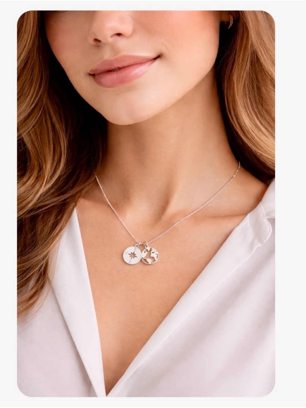 Sterling Silver Double Disc Compass & World Map Pendant Necklace